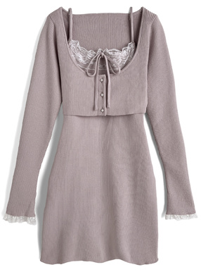 レースカーディガン×キャミソールミニワンピースアンサンブル