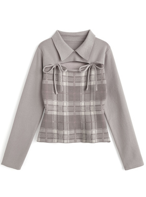 チェック柄フロントオープンリボンニットトップス