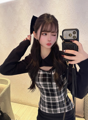 チェック柄フロントオープンリボンニットトップス