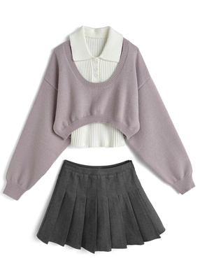 アメスリポロニットトップス×ショート丈ニットトップス×プリーツミニスカートセットアップ