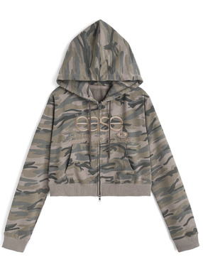 カモフラージュ柄ロゴ刺繍ダブルジップスウェットパーカー