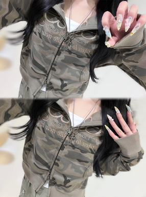 カモフラージュ柄ロゴ刺繍ダブルジップスウェットパーカー