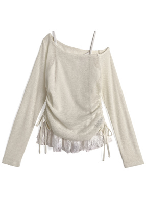 ワンショルダードロストトップス×レースキャミソールアンサンブル