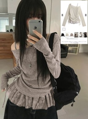 ワンショルダードロストトップス×レースキャミソールアンサンブル