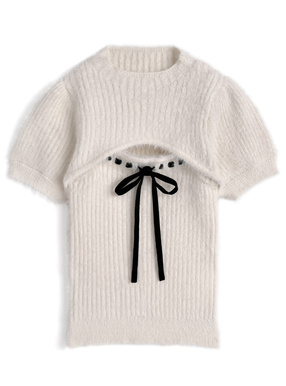 ショート丈トップス×リボンキャミソールシャギーニットアンサンブル