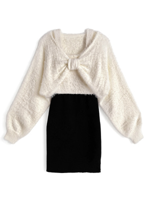 シャギーリボンボレロ×切替ミニワンピースニットアンサンブル