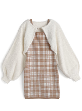 シャギーボレロ×チェック柄ワンピースニットアンサンブル
