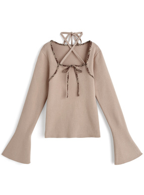 チェック柄リボンホルターネックニットトップス