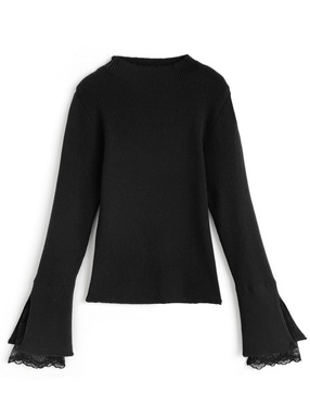 レーススリーブリブニットトップス