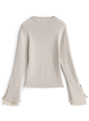 レーススリーブリブニットトップス