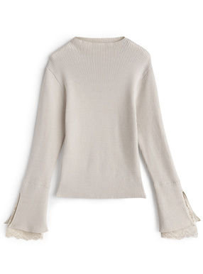 レーススリーブリブニットトップス