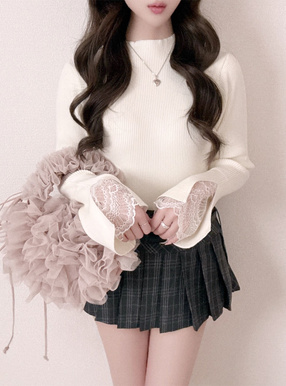 レーススリーブリブニットトップス