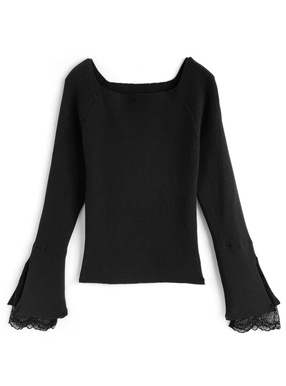 スクエアネックレーススリーブリブニットトップス