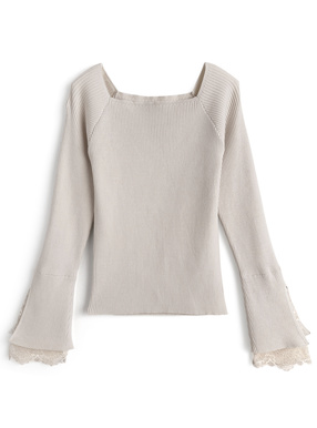 スクエアネックレーススリーブリブニットトップス