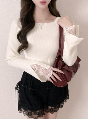 スクエアネックレーススリーブリブニットトップス