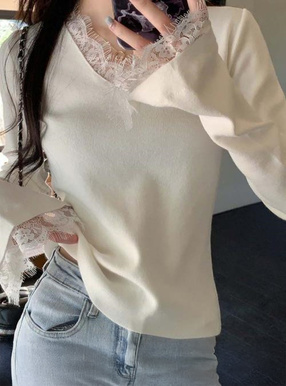 レースドッキングVネックニットトップス