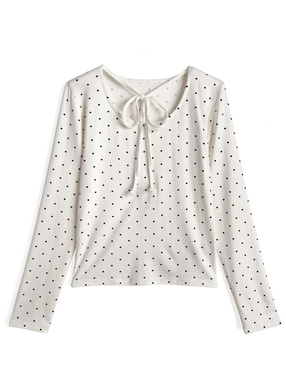 ドット柄ネックリボントップス