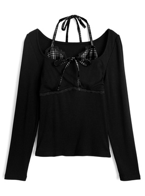 チェック柄ホルターネックレイヤード風リブトップス