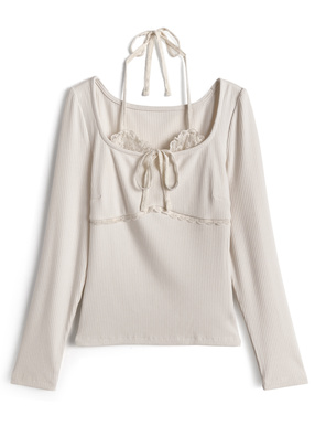 レースホルターネックレイヤード風リブトップス