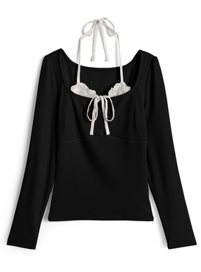 レースホルターネックレイヤード風リブトップス