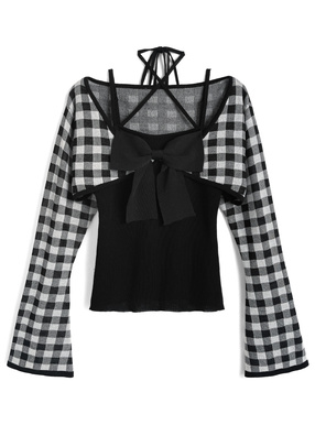 チェック柄ボレロ×ホルターネックリボンキャミソールニットアンサンブル