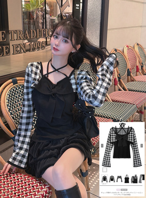 チェック柄ボレロ×ホルターネックリボンキャミソールニットアンサンブル