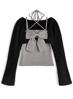 シャギーボレロ×ホルターネックリボンキャミソールニットアンサンブル