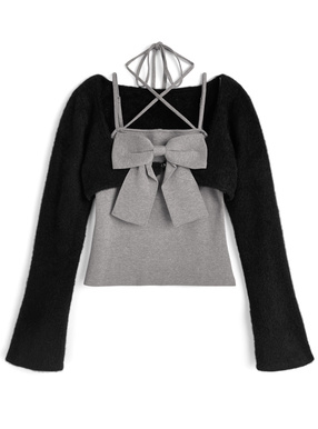 シャギーボレロ×ホルタ-ネックリボンキャミソールニットアンサンブル
