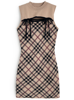 チェック柄フロントオープンリボンノースリーブニットミニワンピース