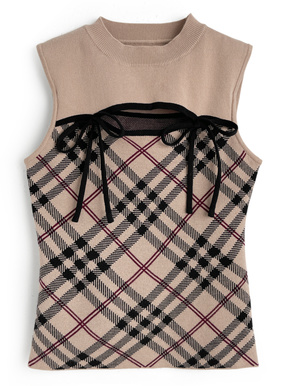 チェック柄フロントオープンリボンノースリーブニットトップス