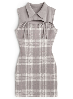 チェック柄フロントオープンリボンノースリーブニットミニワンピース