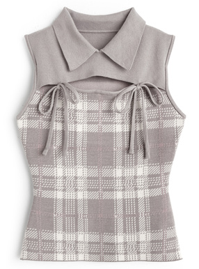 チェック柄フロントオープンリボンノースリーブニットトップス