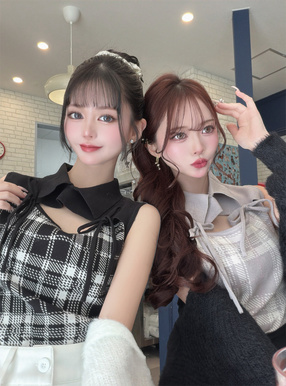 チェック柄フロントオープンリボンノースリーブニットトップス