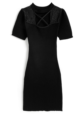 クロスデザインレースニットミニワンピース