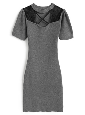 クロスデザインレースニットミニワンピース