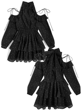 ドット柄ショルダーオープンアメスリティアードミニワンピース