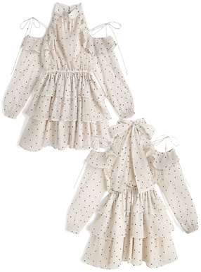 ドット柄ショルダーオープンアメスリティアードミニワンピース