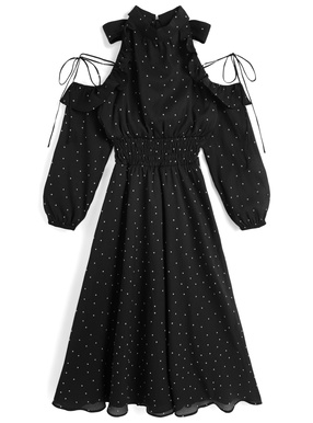 ドット柄ショルダーオープンアメスリロングワンピース