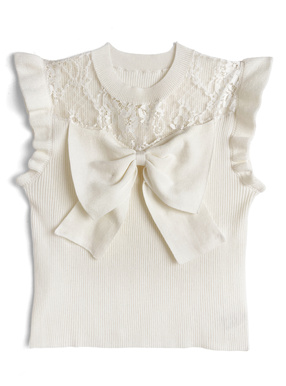 レースドッキングリボンノースリーブニットトップス