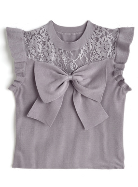 レースドッキングリボンノースリーブニットトップス