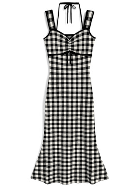 ギンガムチェック柄ホルターネックキャミソールニットワンピース