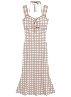 ギンガムチェック柄ホルターネックキャミソールニットワンピース