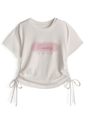 プリントロゴ刺繍サイドドロストトップス