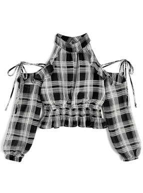 チェック柄リボンショルダーオープンアメスリブラウス