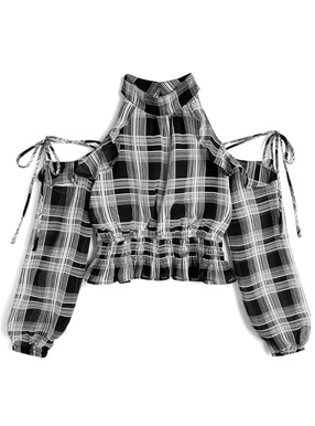 チェック柄リボンショルダーオープンアメスリブラウス