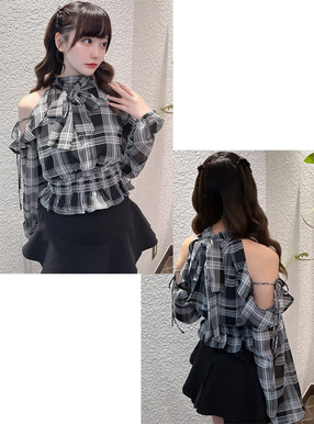 チェック柄リボンショルダーオープンアメスリブラウス