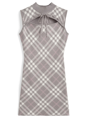 チェック柄フロントオープンリボンノースリーブニットミニワンピース