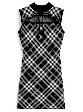 チェック柄フロントオープンリボンノースリーブニットミニワンピース