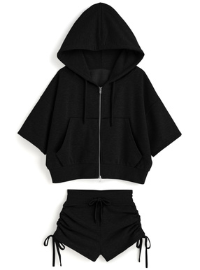 ダブルジップパーカー×ドロストショートパンツセットアップ
