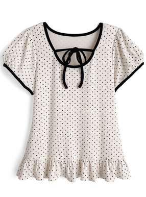 ドット柄リボンフリルトップス